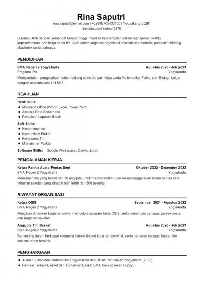 Contoh CV ATS Bahasa Indonesia Lulusan SMA