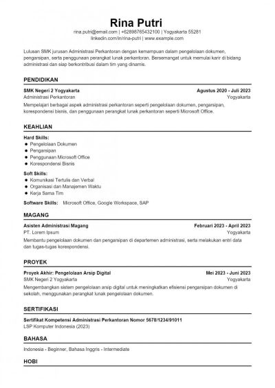 Contoh CV ATS Fresh Graduate SMK