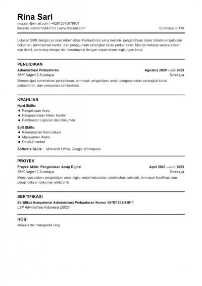 Contoh CV ATS Lulusan SMK Tanpa Pengalaman