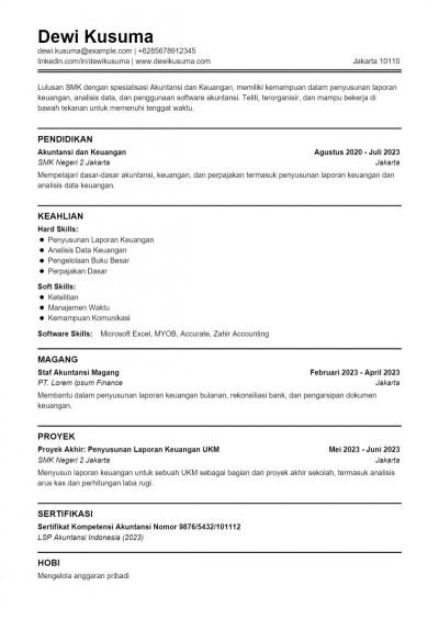 Contoh CV ATS Lulusan SMK