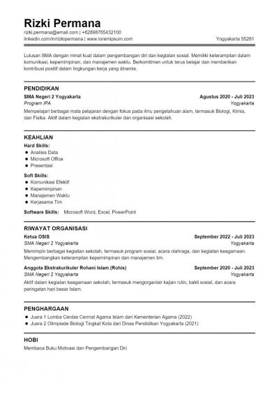Contoh CV ATS Untuk Lulusan SMA