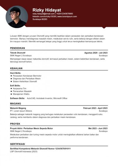 Contoh CV SMK Jurusan Otomotif
