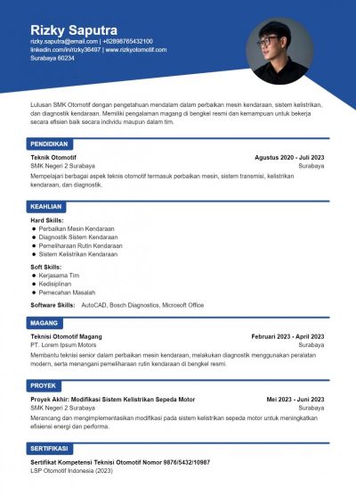 Contoh CV Untuk Lulusan SMK Otomotif